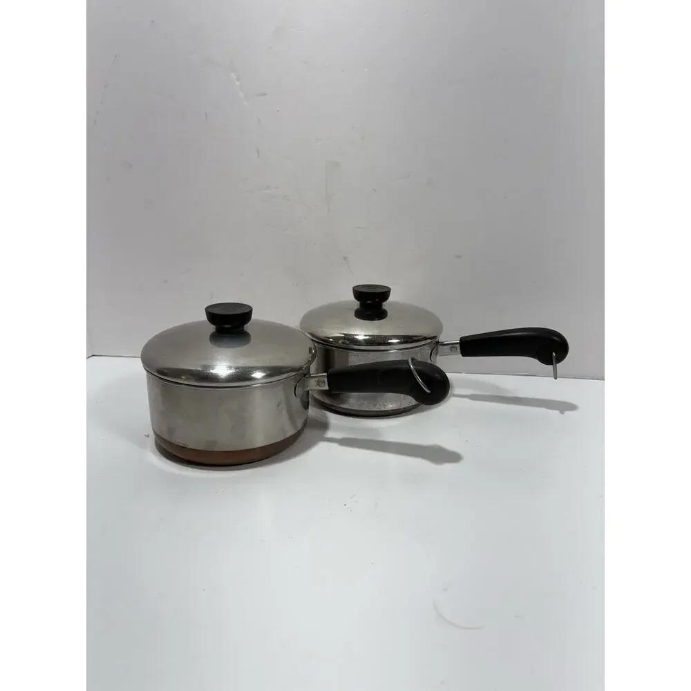 Lot 2 Revere Ware 1.5 Quart 1 1/2 Qt copper bottom‎ Sauce Pan Pot W Lid Clinton
